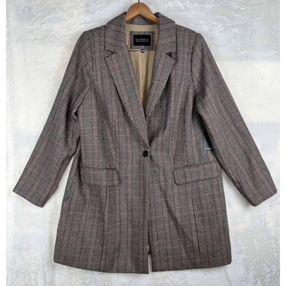 Eloquii Womens Plus Brown Houndstooth Single Button Blazer Jacket‎ Sz 16 Office